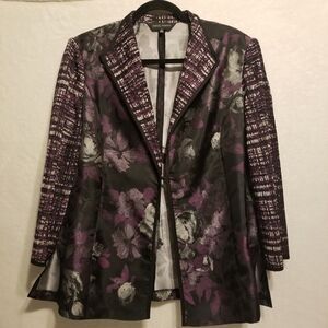 Ming Wang L Blazer Purple Floral Lightweight Knit Sleeve Zip Cuff Carrer Work